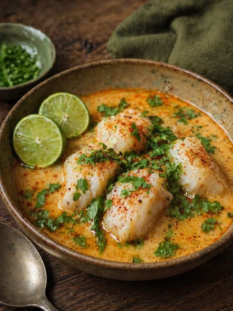 Bowl of Coconut Lime Fish Soup with fresh ingredients and vibrant colors
