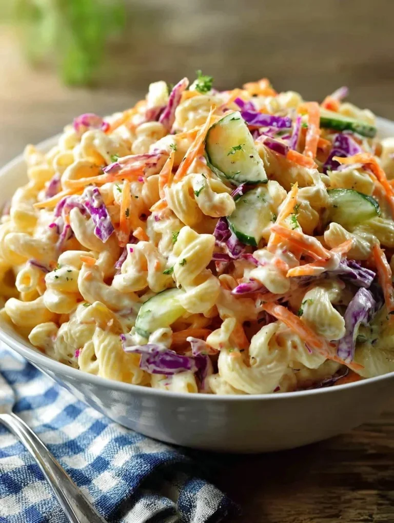 Colorful coleslaw pasta salad with fresh vegetables and dressing