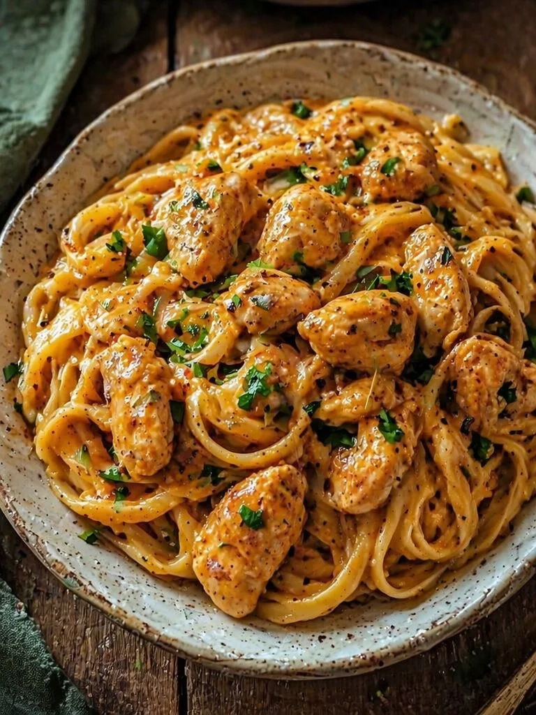 Delicious Cowboy Butter Chicken Linguine served in a creamy sauce.