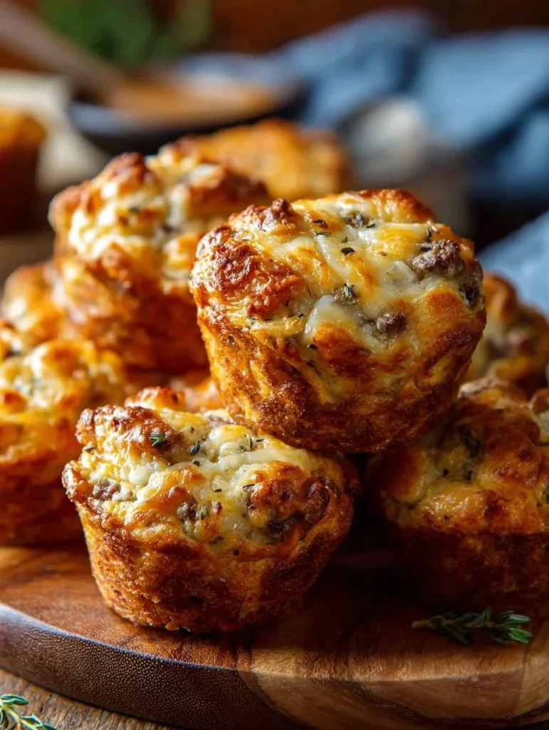 Delicious cheesy sausage muffins on a plate, perfect for breakfast or brunch.