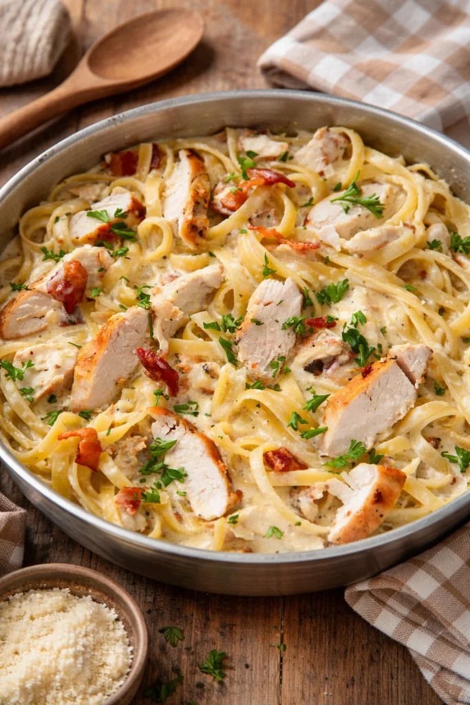 Creamy chicken and bacon pasta dish garnished with herbs