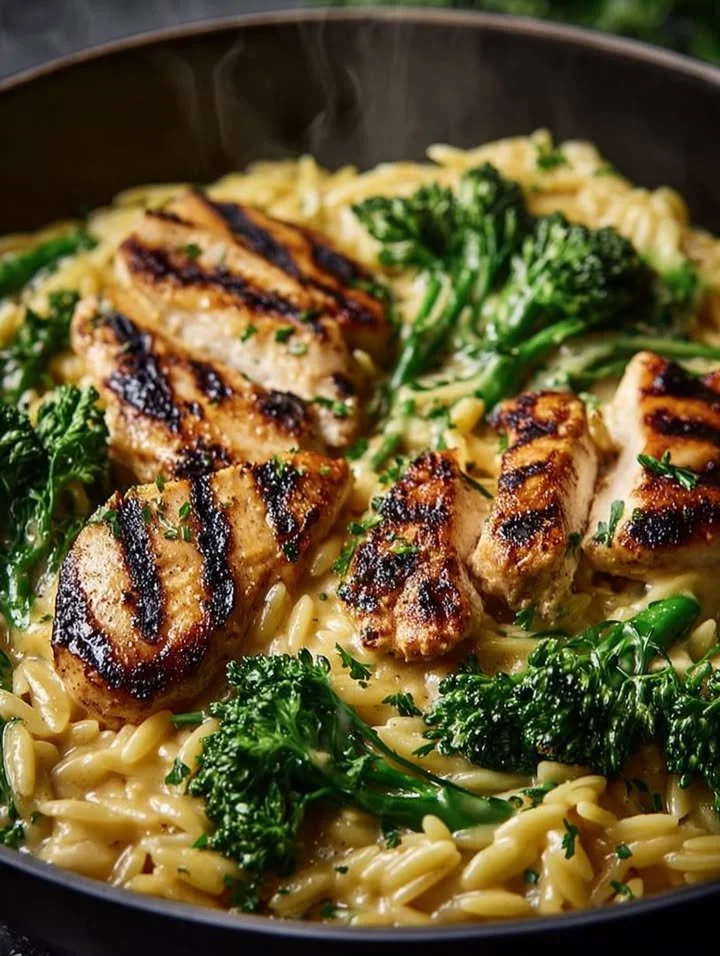 Creamy Chicken Orzo Skillet with herbs and vegetables in a skillet