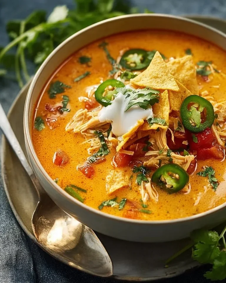 Delicious creamy chicken tortilla soup topped with crispy tortilla strips