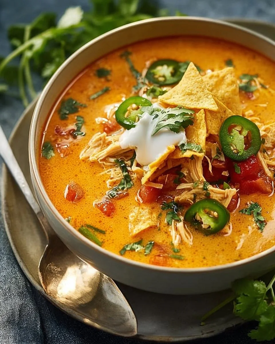 Delicious creamy chicken tortilla soup topped with crispy tortilla strips