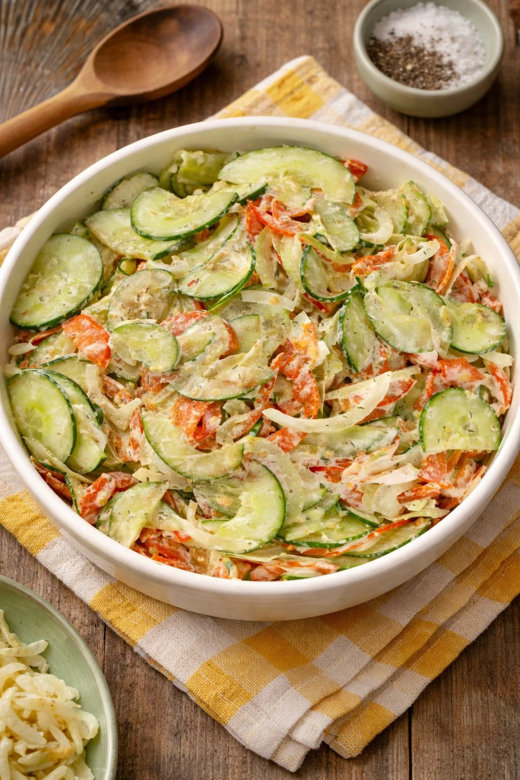 Creamy Cucumber Tomato Salad Delicious creamy cucumber tomato salad served in a bowl.