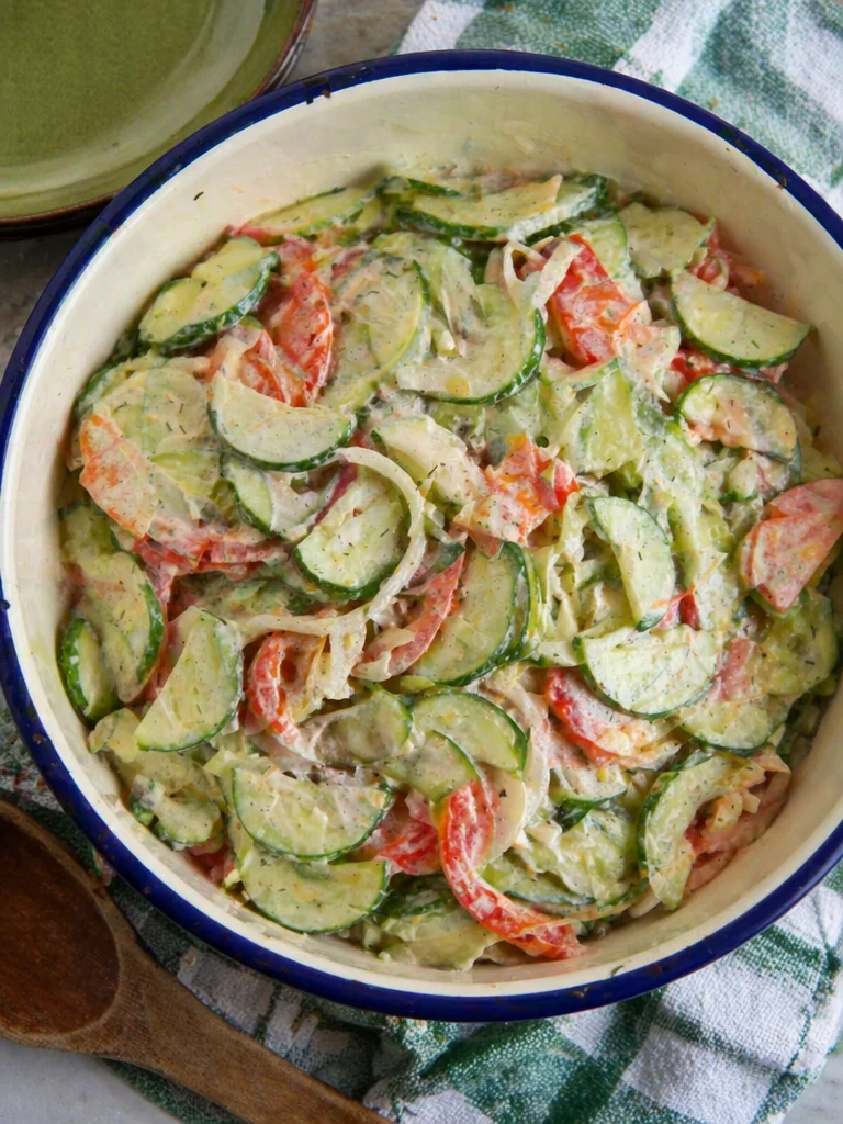 Creamy cucumber tomato salad with fresh ingredients served in a bowl