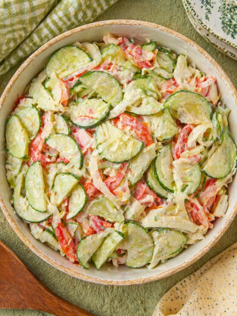 Creamy cucumber tomato salad with fresh vegetables in a bowl