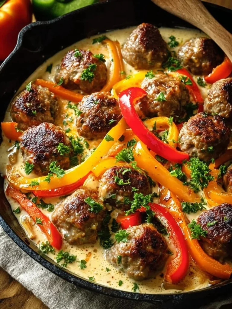 Delicious creamy dreamy meatballs served in a skillet with peppers