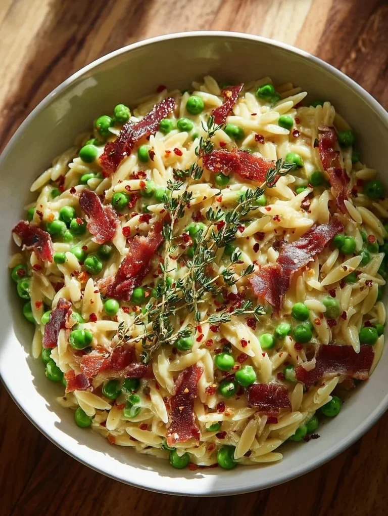 Creamy orzo dish with green peas and crispy prosciutto.