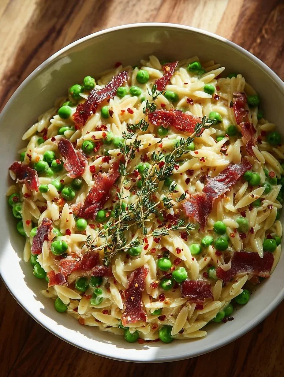 Creamy orzo dish with green peas and crispy prosciutto.