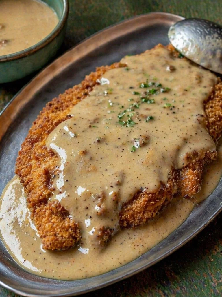 Crispy buttermilk chicken fried steak with gravy and side dishes