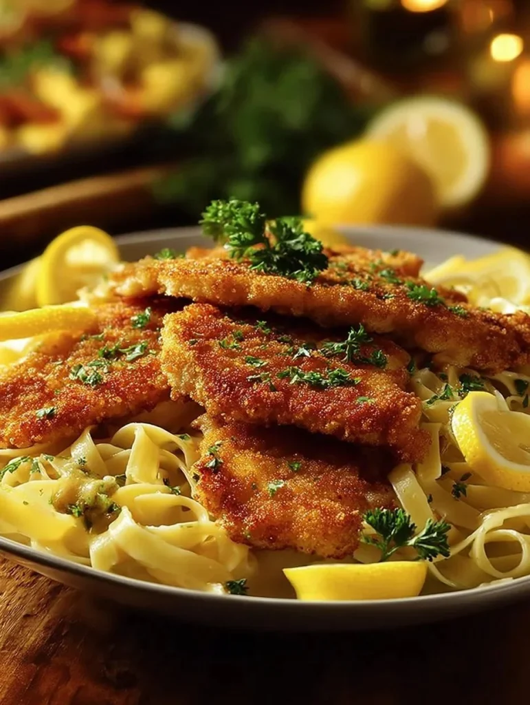 Crispy chicken schnitzel plated with lemon and parsley, ready to enjoy.