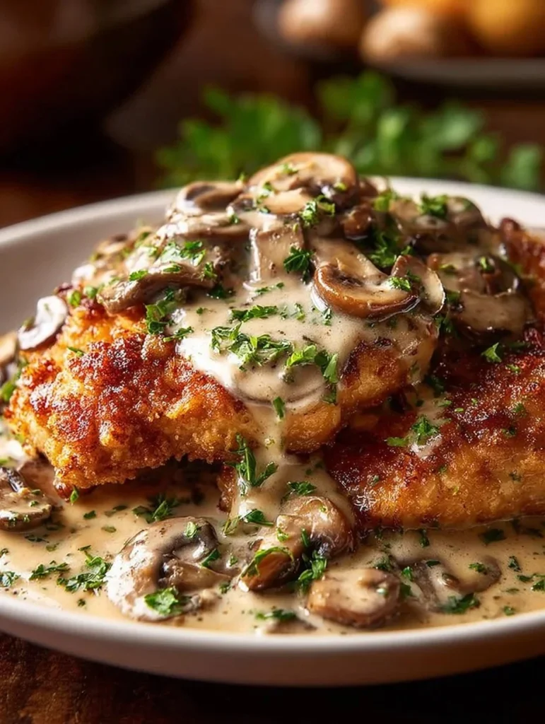 Crispy Golden Chicken with Parmesan Mushroom Sauce