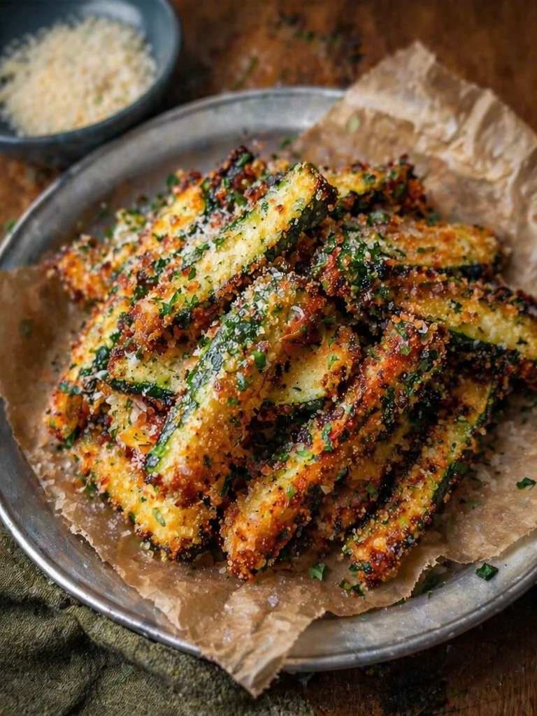 Crispy Parmesan garlic zucchini fries served on a plate