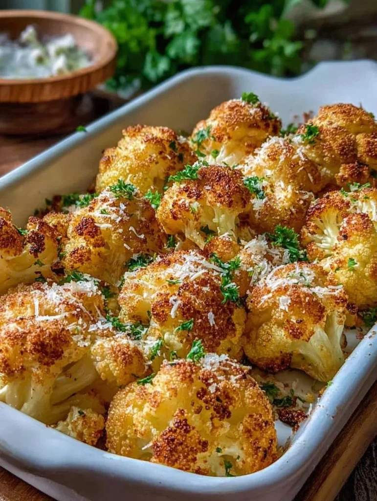 Crispy roasted cauliflower topped with creamy herb sauce on a plate