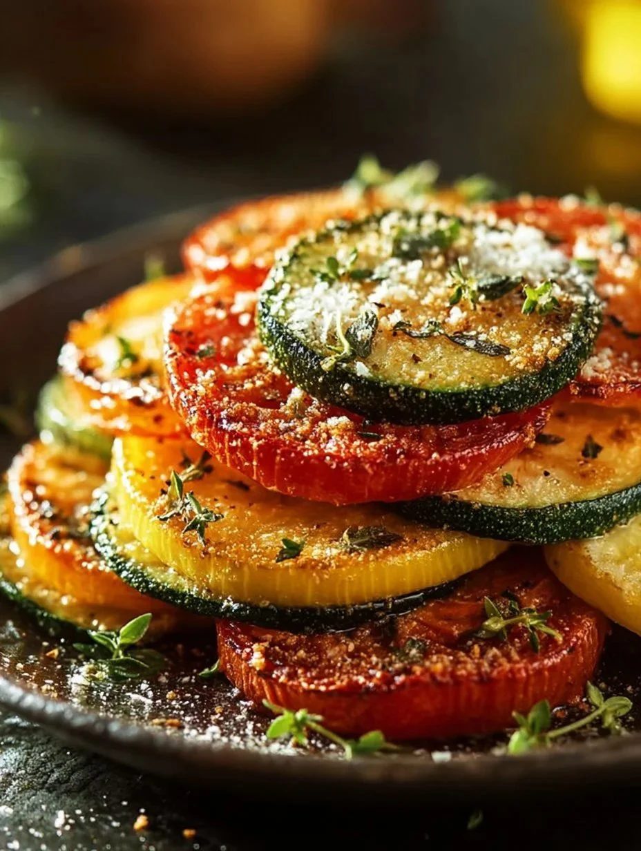 Crispy Roasted Zucchini, Squash & Tomatoes with Parmesan Crispy roasted zucchini, squash, and tomatoes with Parmesan cheese on a plate