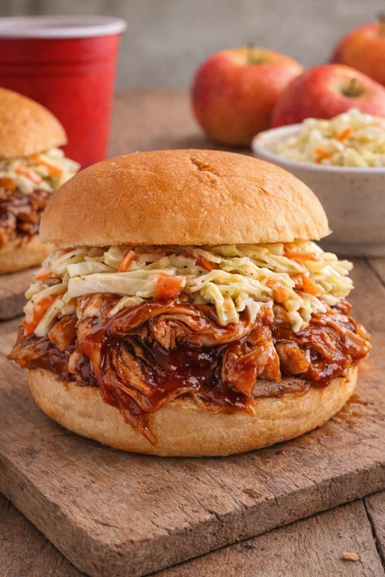 Crockpot Apple Butter BBQ Pulled Chicken served on a plate