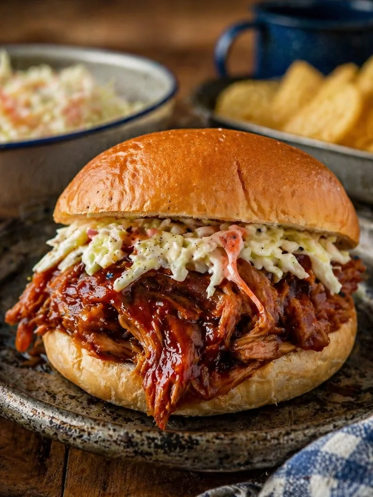 Crockpot Apple Butter BBQ Pulled Chicken served in a bowl with garnishes