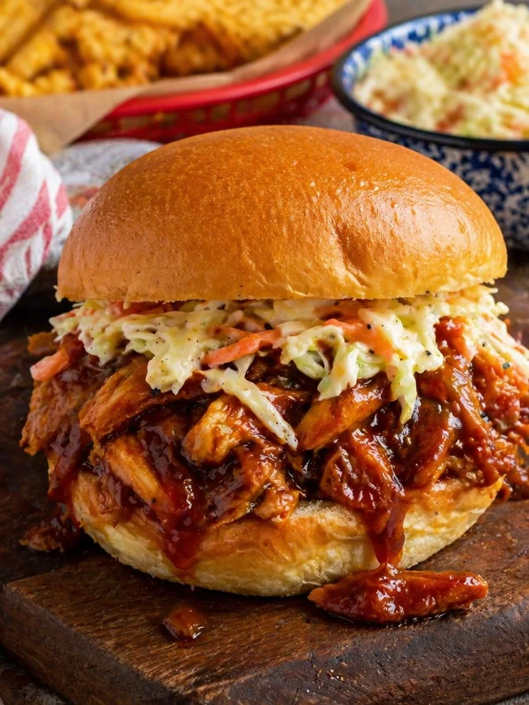Crockpot Apple Butter BBQ Pulled Chicken served with sides