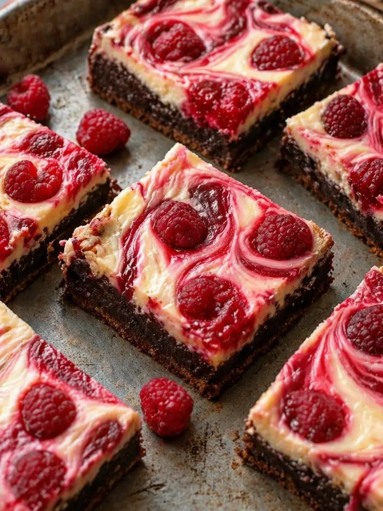 Raspberry swirled brownie cheesecake bars, a delicious dessert treat