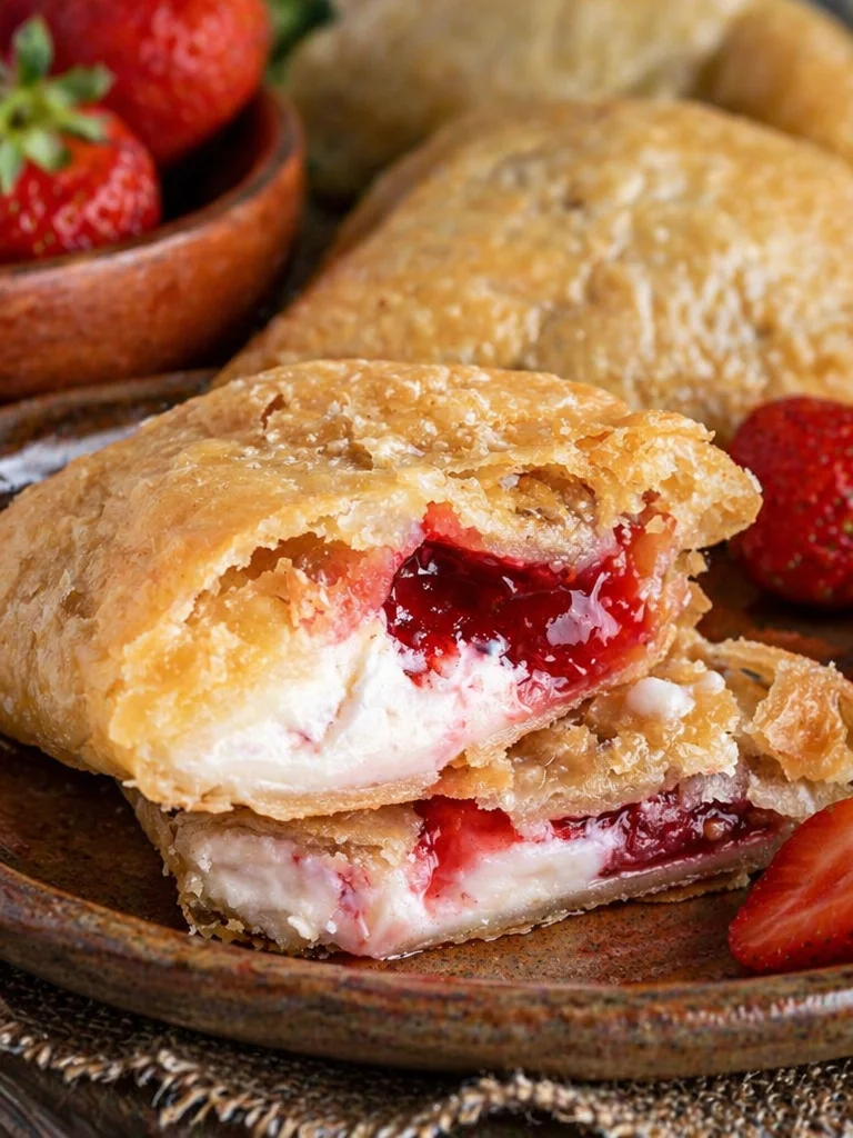Deep fried strawberry cheesecake pies served on a plate with fresh strawberries.
