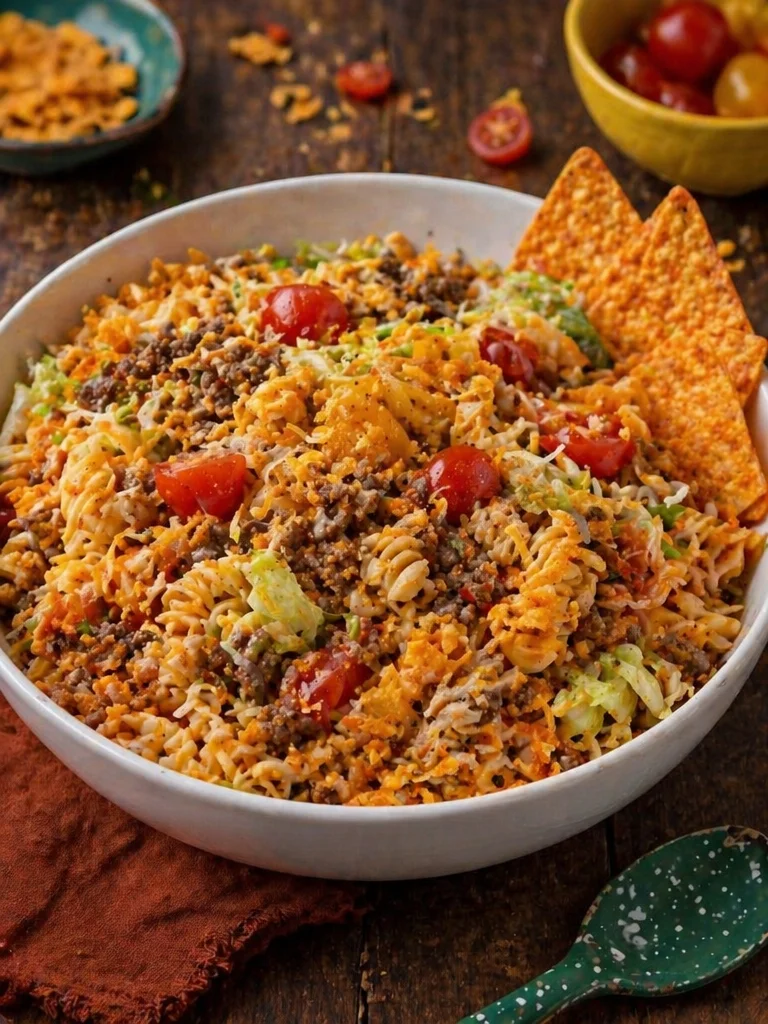 Serving of Doritos Crazy Taco Pasta Salad with colorful ingredients