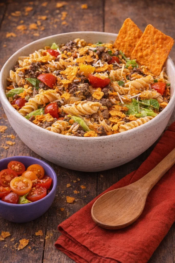 Delicious Doritos Locos Taco Pasta Salad recipe with vibrant colors and textures.