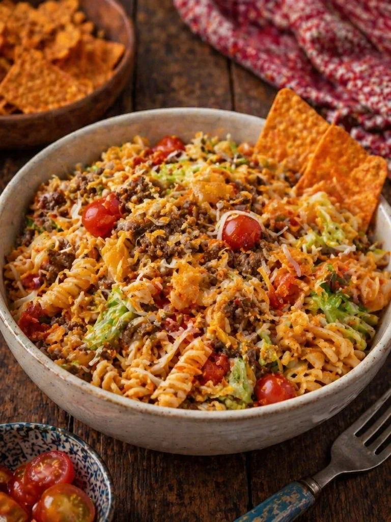 Delicious Doritos Locos Taco Pasta Salad served in a colorful bowl.