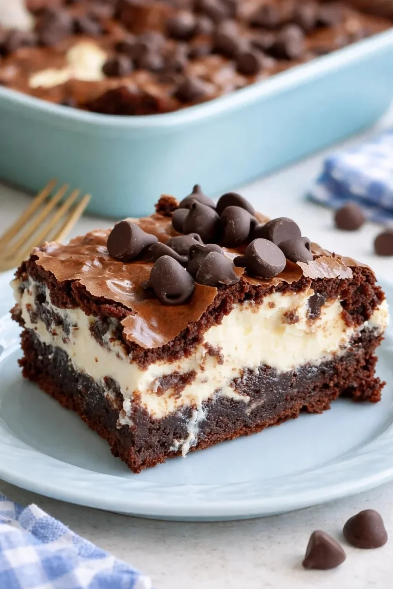 Delicious homemade Earthquake Cake topped with chocolate and cream cheese