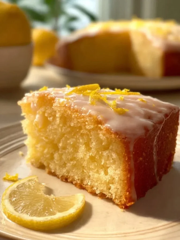 Delicious easy lemon cake topped with icing and fresh lemon slices