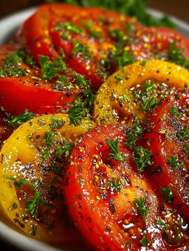 Bowl of easy marinated tomatoes with herbs and spices