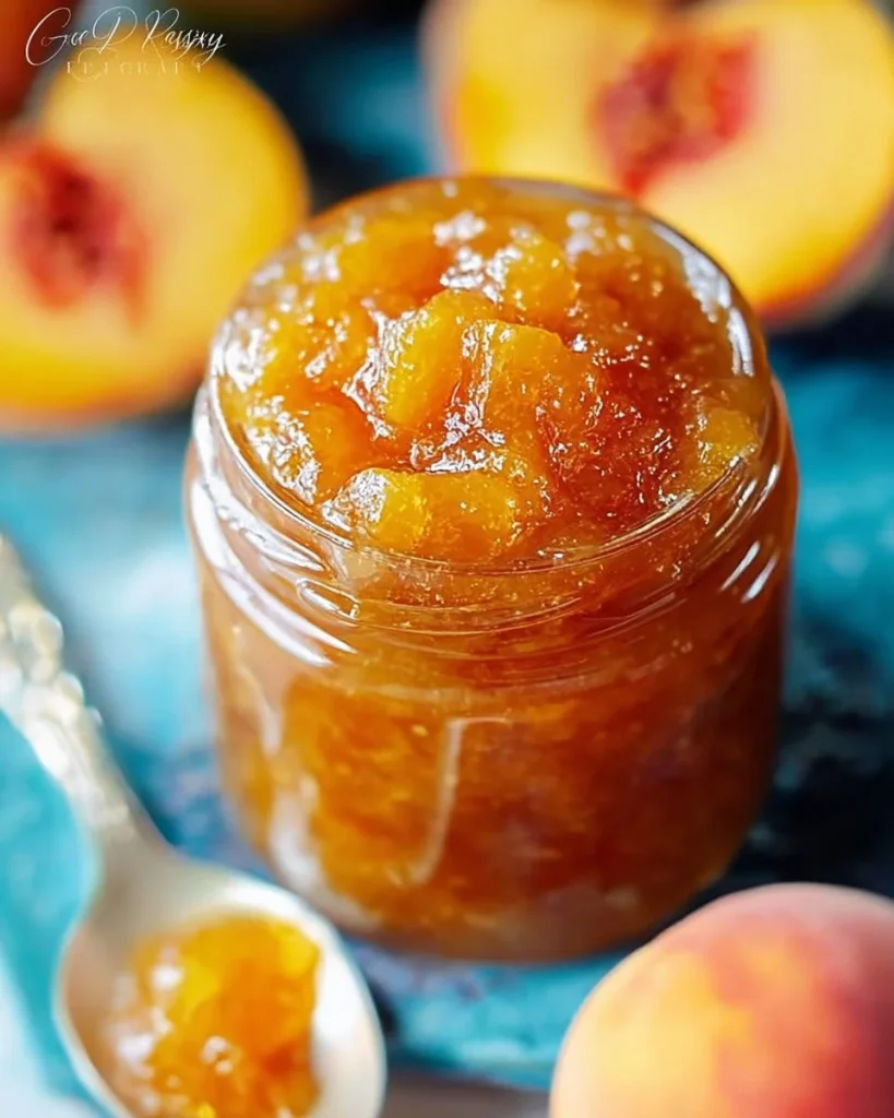 Homemade easy peach jam in a jar with fresh peaches and a rustic setting.