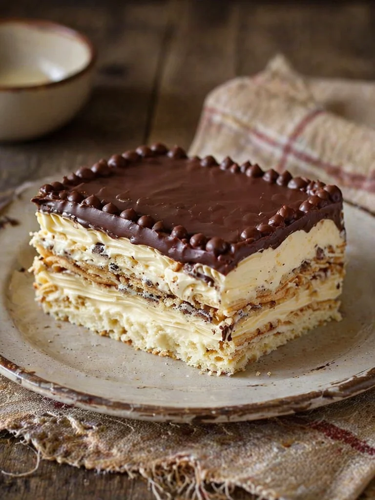 Delicious eclair cake topped with chocolate and cream filling