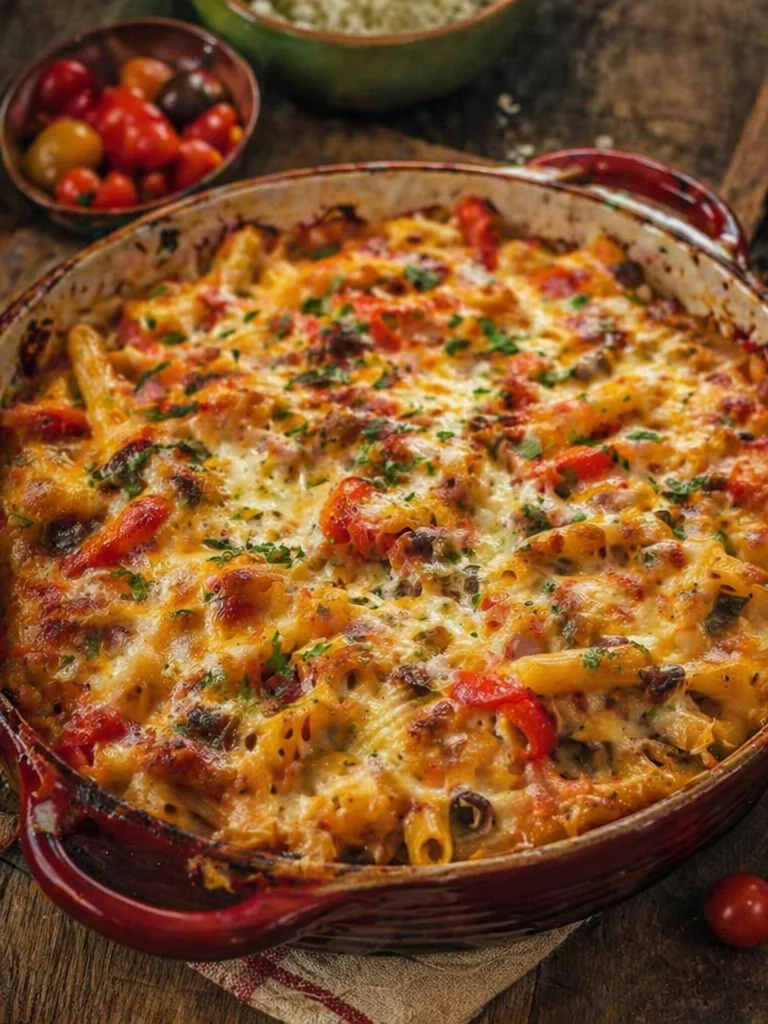 Delicious fajita chicken casserole bake topped with cheese and colorful peppers