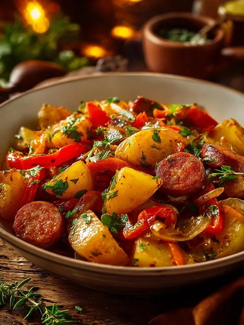 Fried Potatoes and Onions with Smoked Sausage Fried potatoes and onions with smoked sausage served in a skillet
