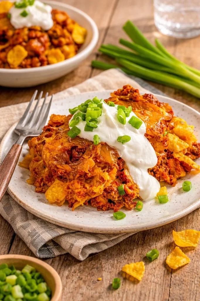 Delicious Frito Cheesy Chili Casserole topped with melted cheese
