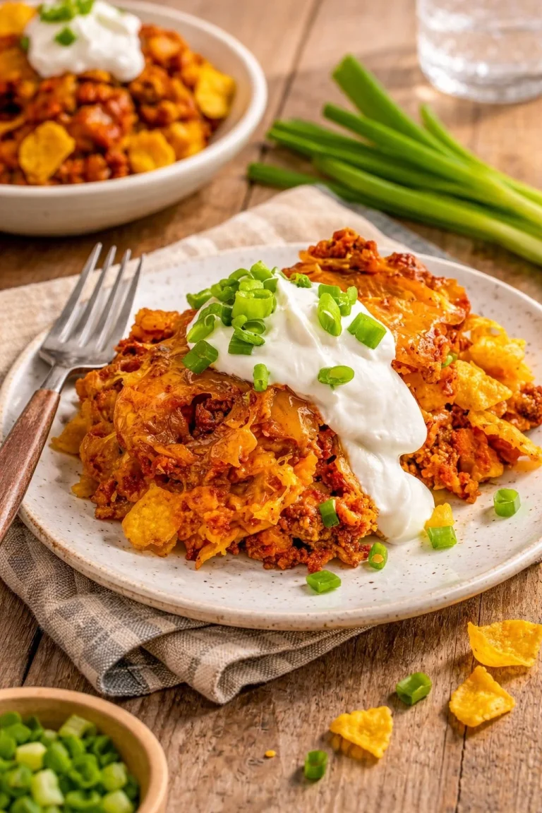 Delicious Frito Cheesy Chili Casserole topped with melted cheese