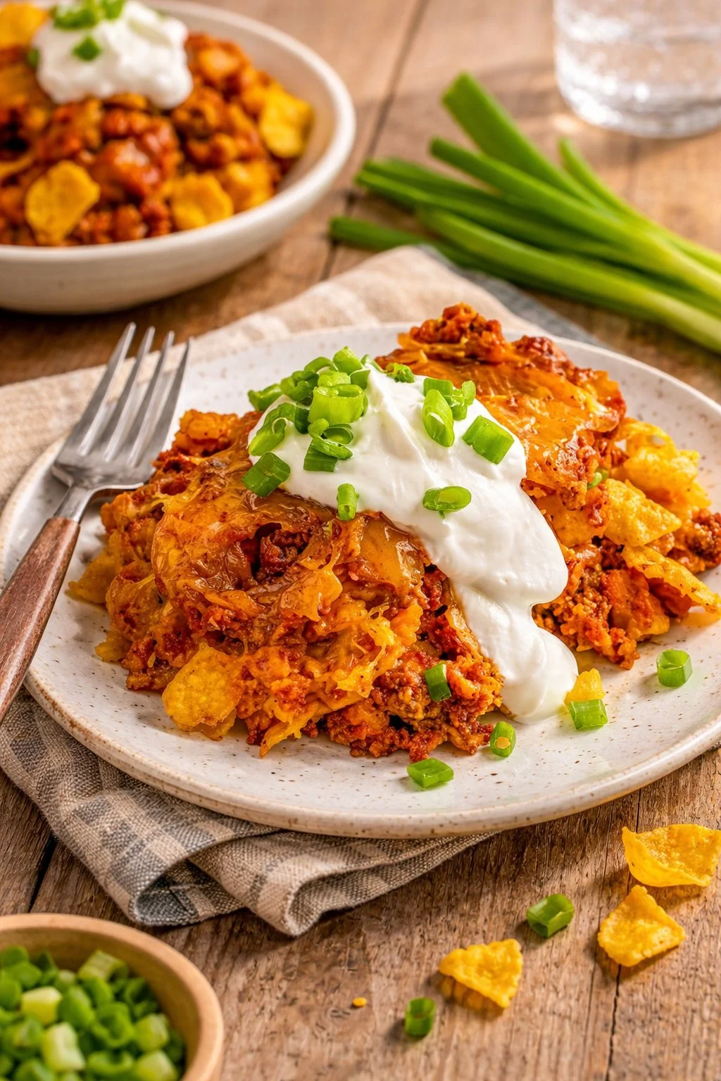 Frito Cheesy Chili Casserole Delicious Frito Cheesy Chili Casserole topped with melted cheese