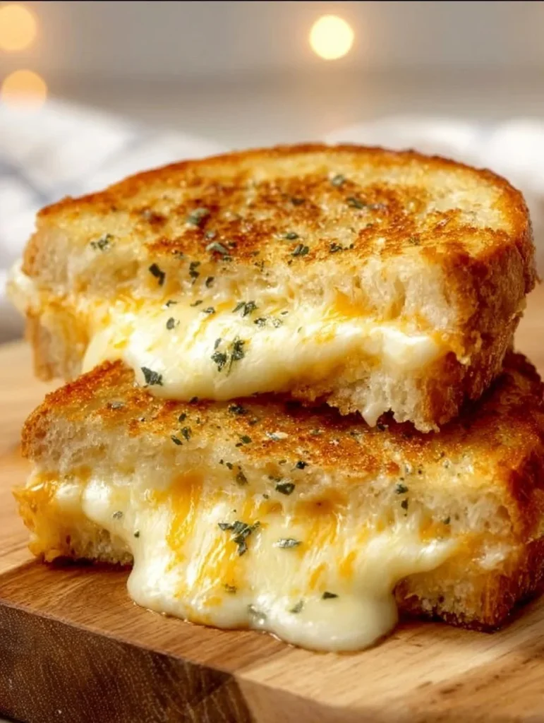 Delicious garlic bread grilled cheese sandwich on a plate with melted cheese