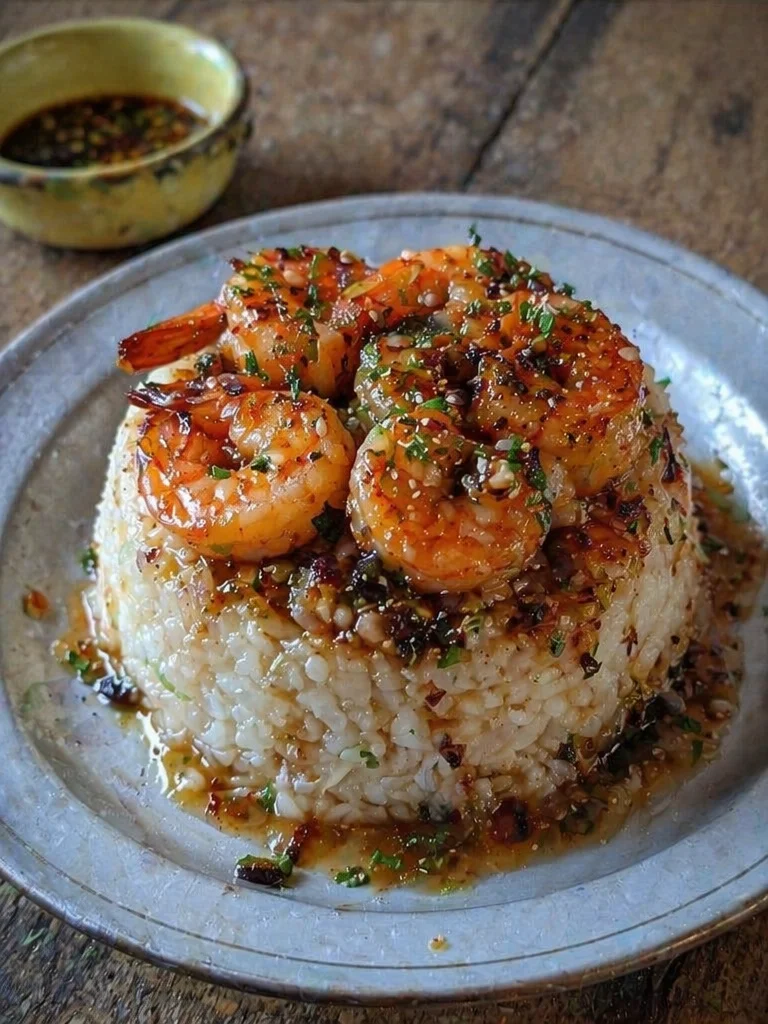 Garlic Butter Shrimp over a delicious rice stack ready to be served.