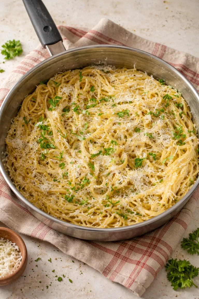 Garlic Parmesan Pasta Creamy Garlic Parmesan Pasta served in a bowl with fresh herbs and grated cheese