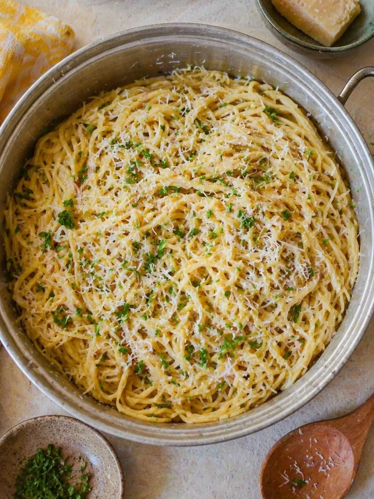 Delicious Garlic Parmesan Pasta garnished with herbs