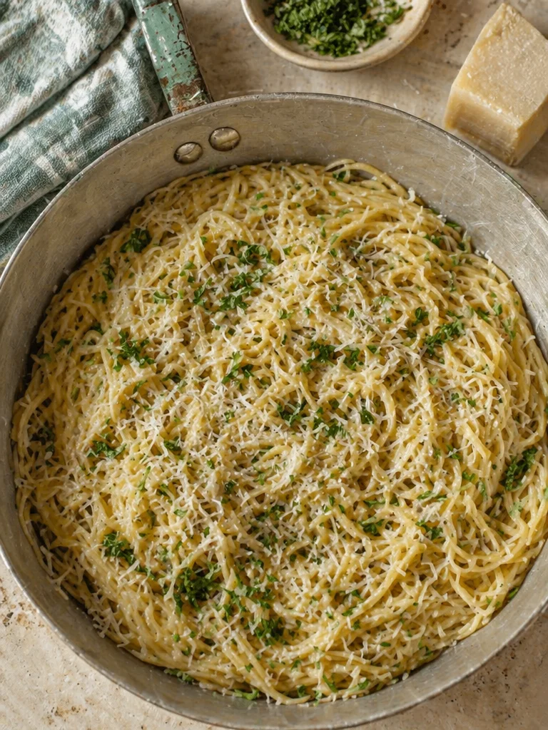 Delicious Garlic Parmesan Pasta garnished with parsley and cheese