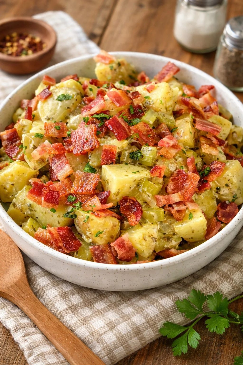 German Potato Salad Traditional German Potato Salad served in a bowl with herbs and spices
