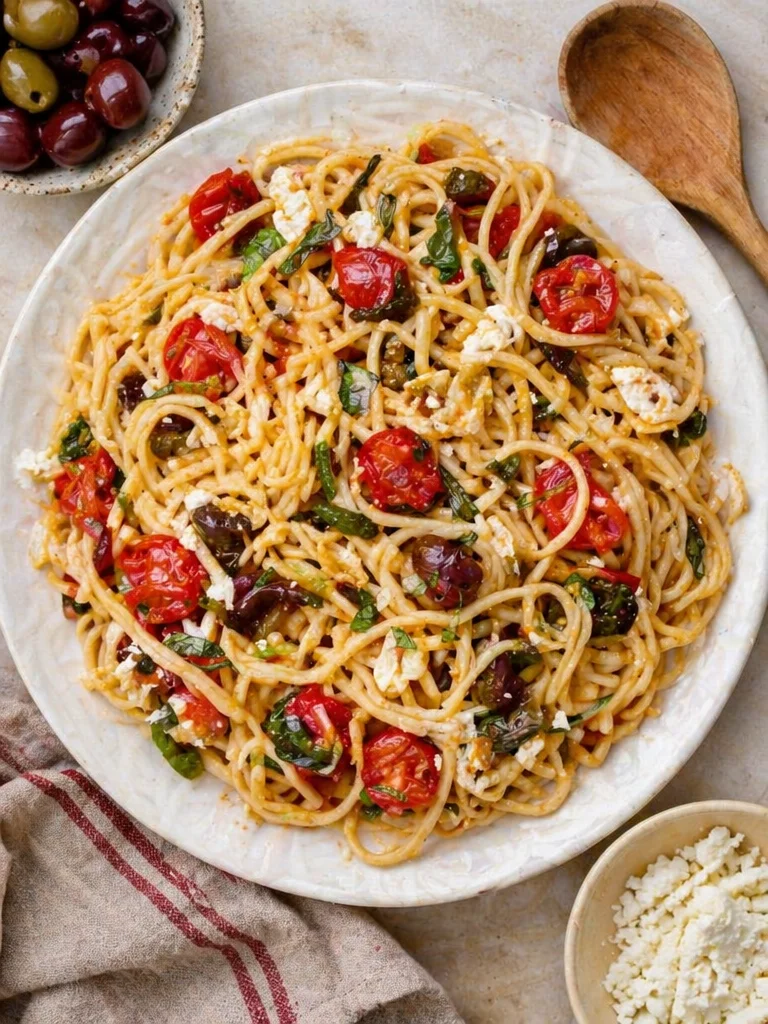 Delicious Greek spaghetti with fresh ingredients and herbs