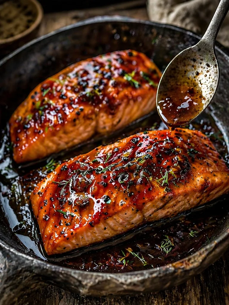 Grilled honey garlic salmon garnished with herbs on a plate.