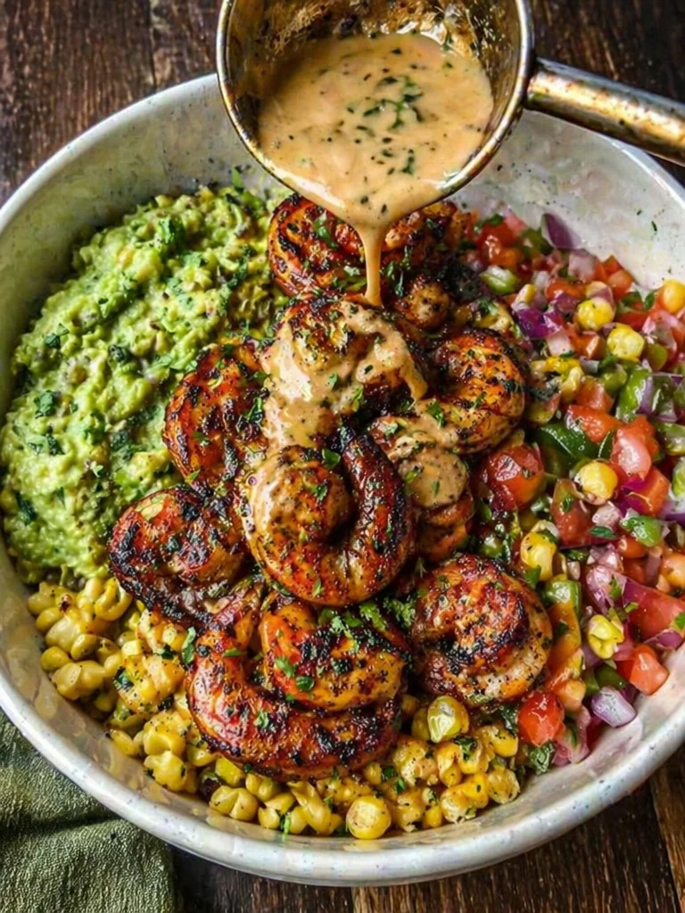 Grilled shrimp served with avocado and corn salsa on a plate
