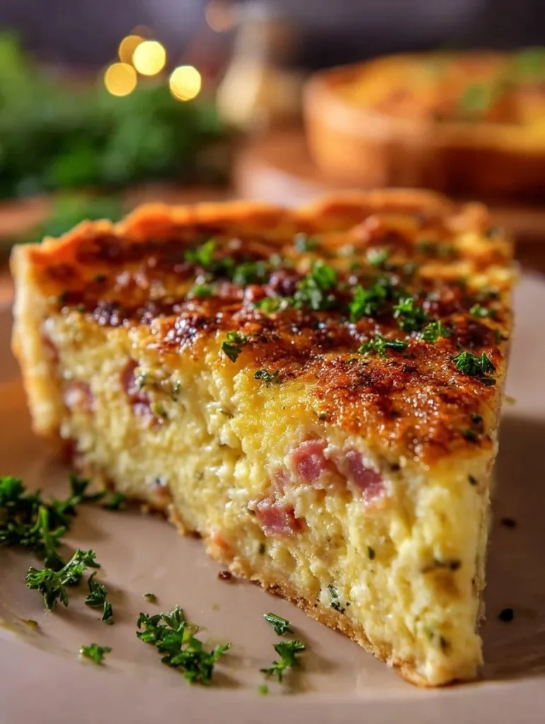 Delicious Ham and Cheese Quiche served with fresh herbs and side salad.