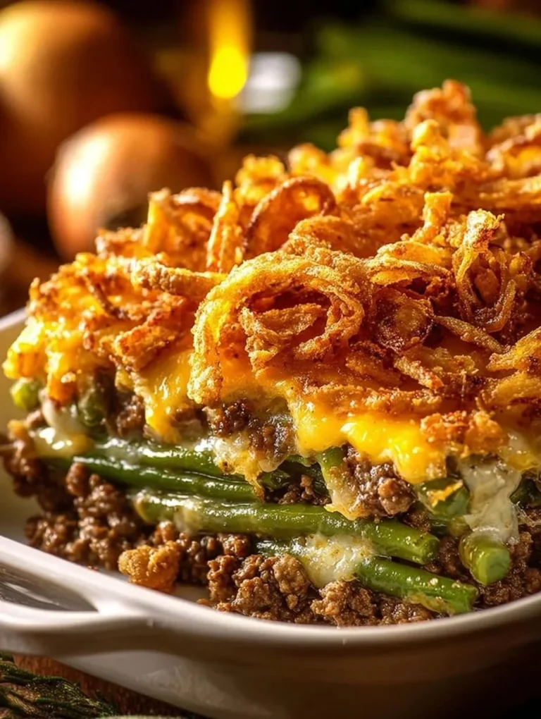 Delicious Hamburger Green Bean Casserole served in a baking dish