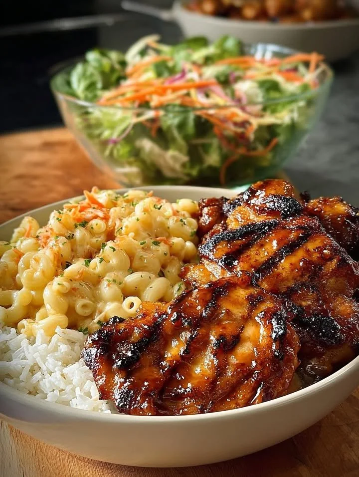 Delicious Hawaiian Barbecue Chicken served with macaroni salad